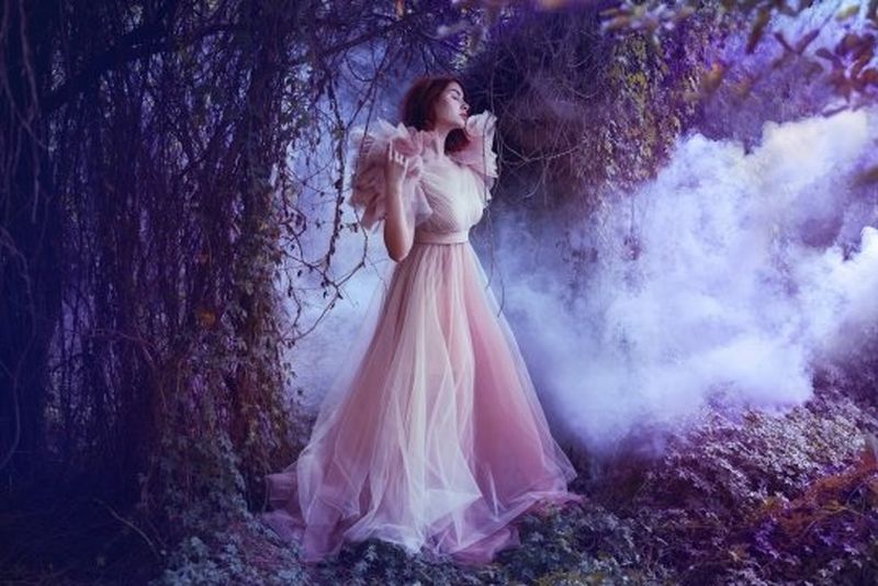 A model in a dusty pink dress stands amid a forest setting. In the background, mist rises.
