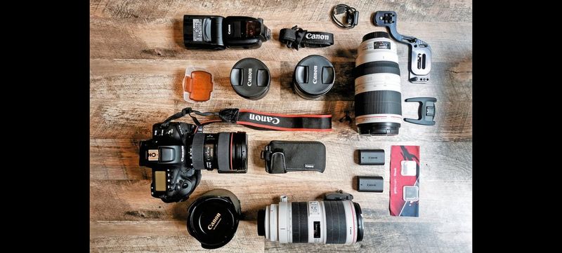 Milly Grange-Bennett's Canon EOS-1D X Mark III and Canon lenses laid out.