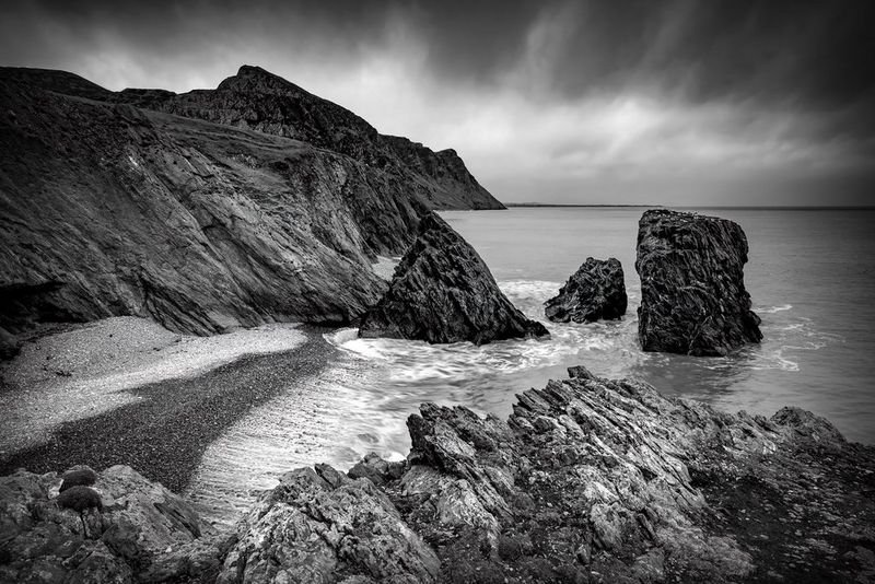 A focus-stacked monochrome image of the rocky coast of Trefor, Wales, taken by Chris Ceaser. 