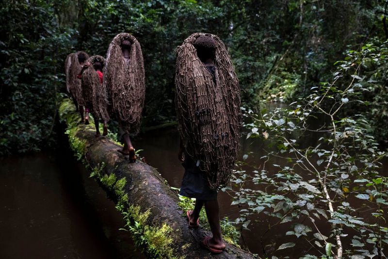 Cinque giovani che trasportano grandi reti sulla testa utilizzano un albero caduto per attraversare un fiume. Scatto realizzato da Brent Stirton con Canon EOS R5.