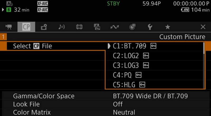 A CP file slot being selected from the Custom Picture menu.