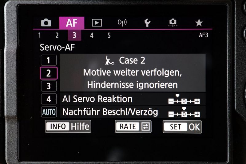 Der AF-Konfigurationsbildschirm einer EOS R6 mit der Kameraeinstellung Servo AF, in der Fall 2 voreingestellt ist.