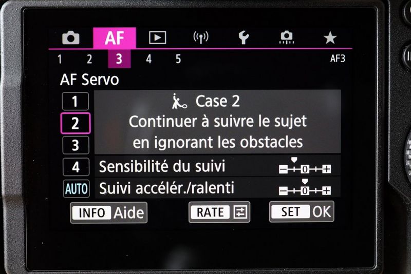 L'écran de configuration de l'autofocus d'un EOS R6, indiquant que l'appareil est défini sur Autofocus Servo et que le préréglage « Cas 2 » est sélectionné.