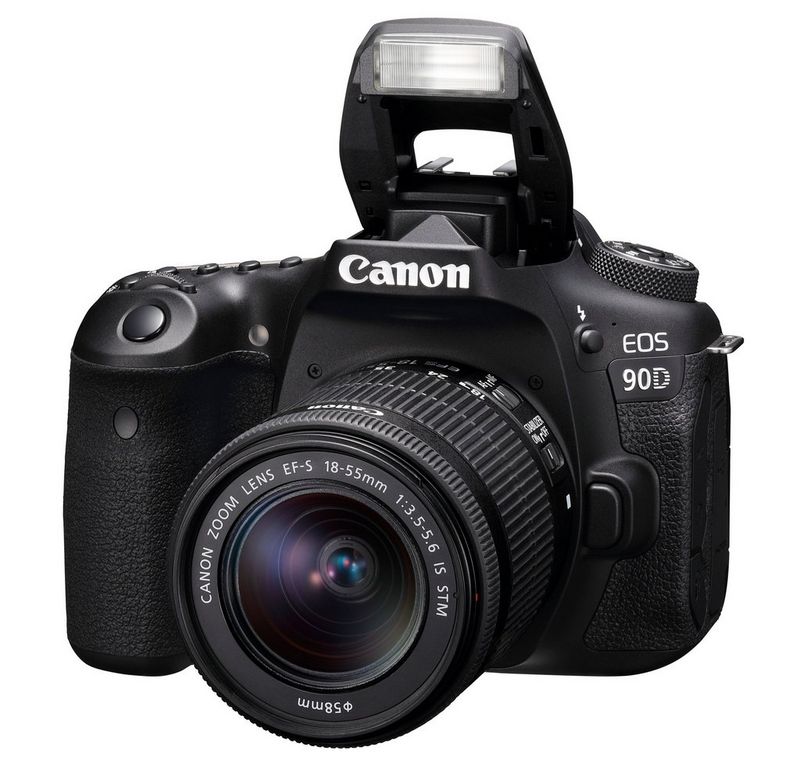 A Canon EOS 90D camera with its built-in flash raised.