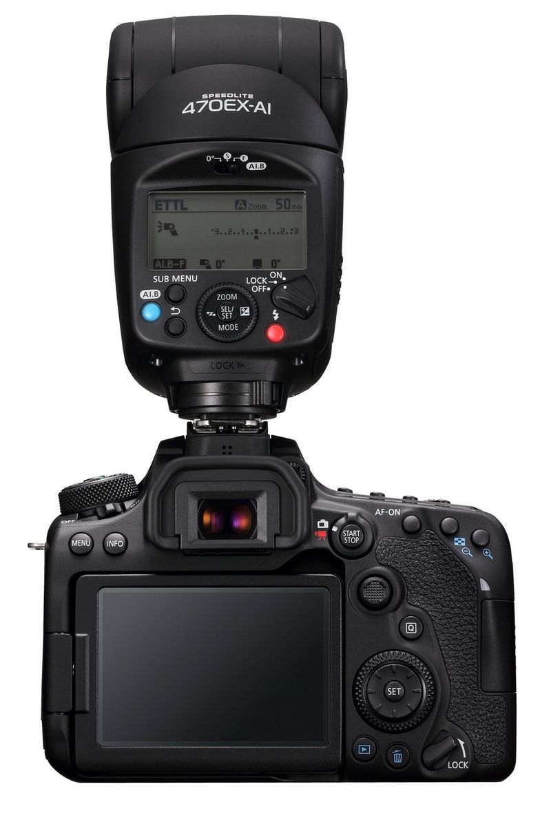 A Canon EOS 90D camera with a Speedlite 470EX-AI mounted in its hot-shoe.