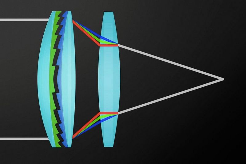 Diagram van een DO-objectief gecombineerd met een conventioneel objectief, dat laat zien hoe chromatische aberratie wordt gecorrigeerd.