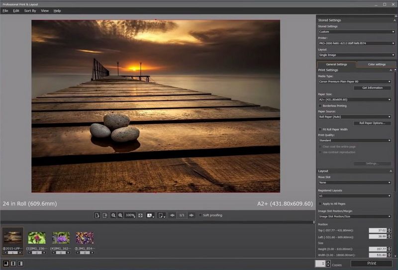 Uno screenshot del software Professional Print & Layout di Canon.