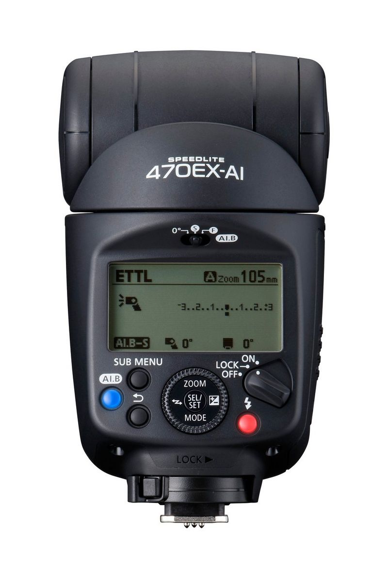 The LCD display on the back of a Canon Speedlite flash shows the zoom setting.