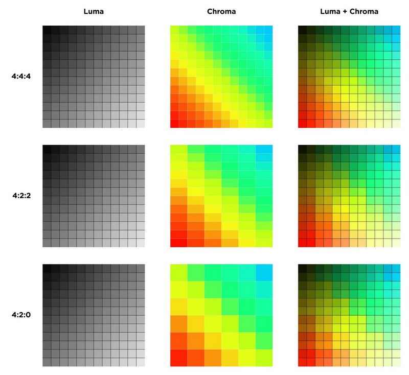 Een illustratie van Chroma-subsampling op een grotere schaal, waarbij de Luma- en Chroma-componenten worden gesampled met verhoudingen van respectievelijk 4:4:4, 4:2:2 en 4:2:0.