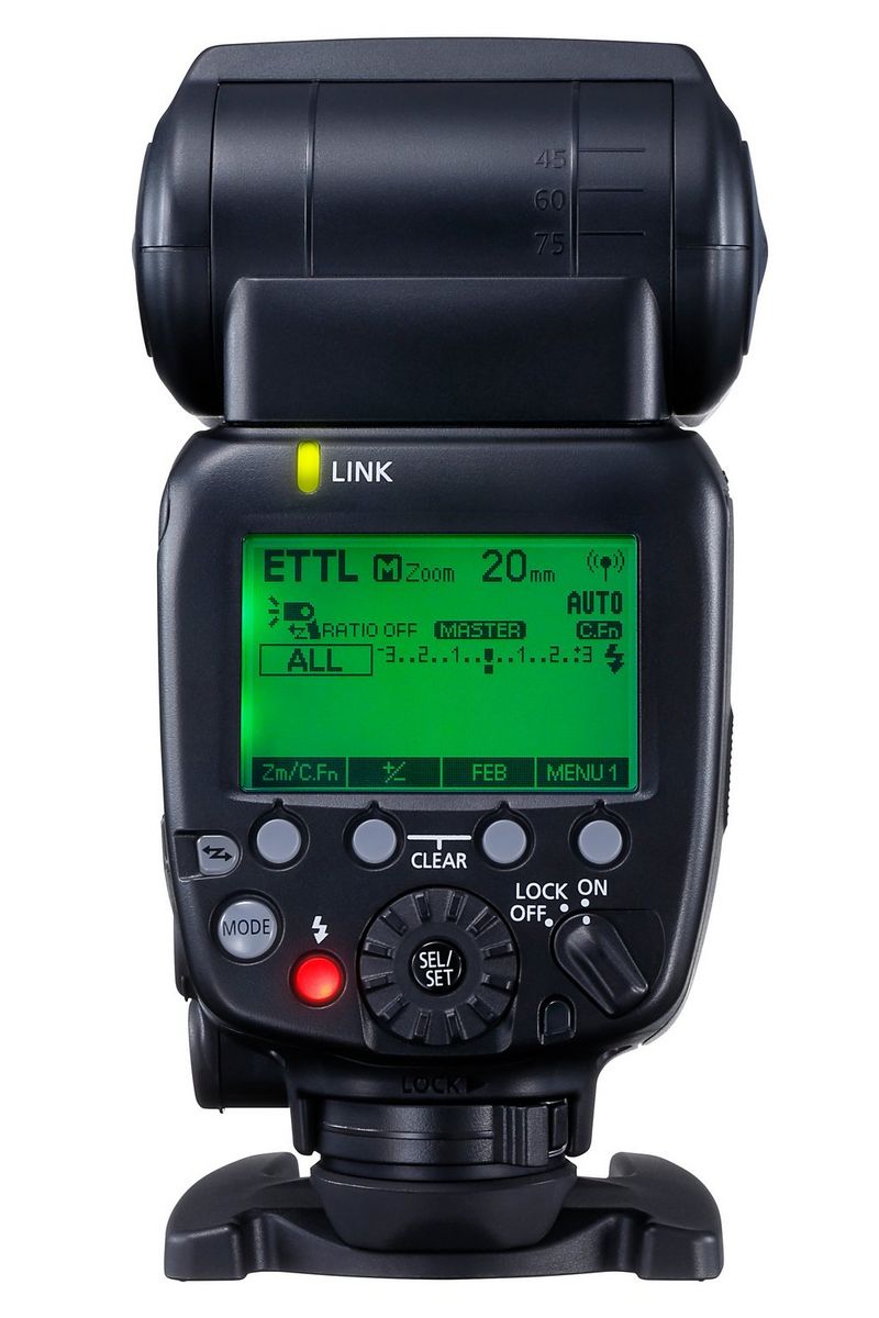 Het display aan de achterkant van een Canon Speedlite 600EX II-RT ingesteld op de transmittermodus.