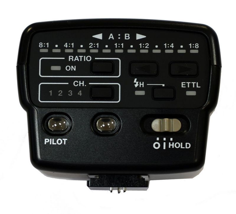 De achterkant van een Speedlite Transmitter ST-E2 met de besturing.