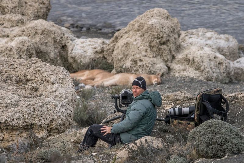 Wildlife photographer Ingo Arndt sits with his Canon camera equipment in front of sleeping pumas.