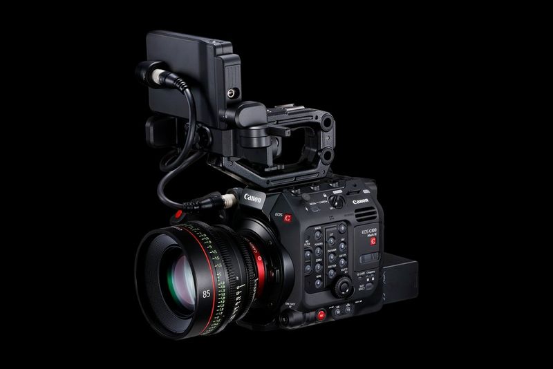 A Canon EOS C300 Mark III cinema camera with a CN-E85mm T1.3 L F Cine Prime lens.