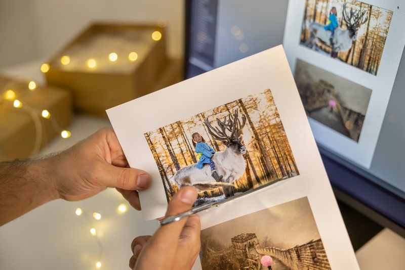 A person cuts out a print of a young girl sitting on the back of a reindeer. The same image can be seen on the computer screen in the background. 