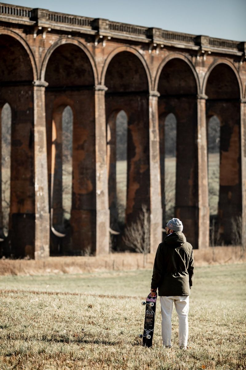Skateboarder Vladik Scholz looks up at Balcombe viaduct.