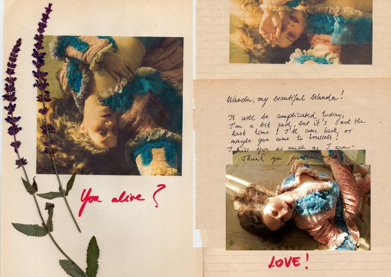 Drie foto's van een vrouw in de stijl van Romantiek tegen een sepia achtergrond met tekst erop in een zelfportret van Wanda Martin.