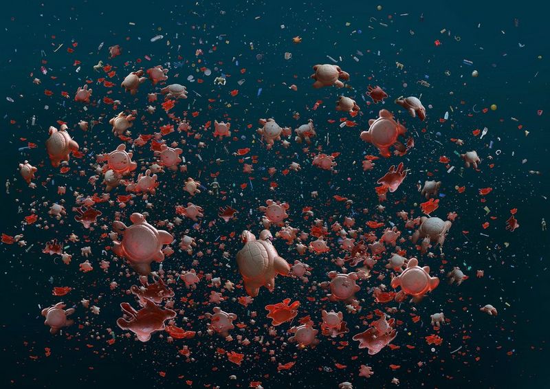 A huge number of plastic red turtles swirling around against a dark blue background.