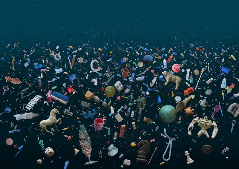 A huge number of plastic products, including toys and bottles, in various states of decay, are pictured against a dark blue background.