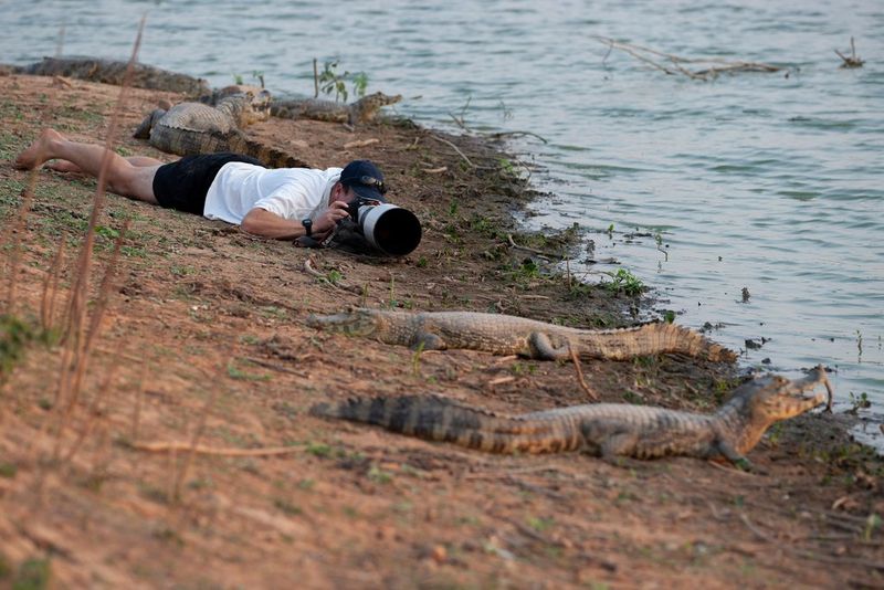 Il fotografo naturalista fine art Chris Fallows è sdraiato a terra con la sua Canon puntata verso due coccodrilli a pochi metri dalla riva, proprio di fronte a sé.