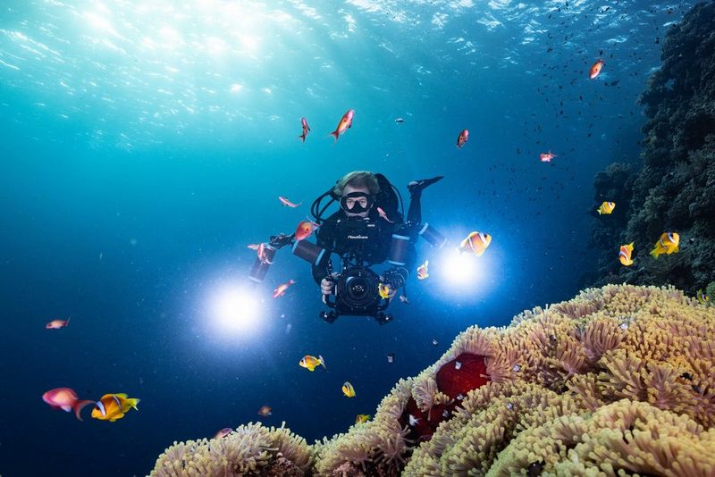 Il videomaker Nicolai Deutsch è ritratto sott'acqua con l'attrezzatura da immersione, mentre nuota sopra una barriera corallina impugnando un complesso rig con luci e una fotocamera Canon in custodia subacquea.
