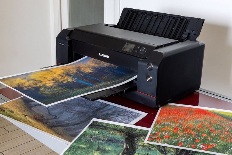 Een grote print komt uit een Canon imagePROGRAF PRO-1000-printer. Een selectie van andere geprinte foto’s ligt op het oppervlak waar de printer staat.