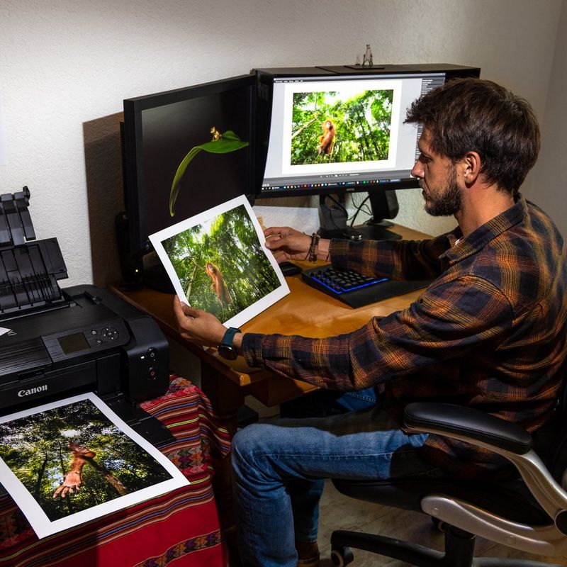 Wildlife photographer Maxime Aliaga sits at his home workstation, two monitors in front of him and a Canon printer to his side. He is examining a print of one of his orangutan photographs.