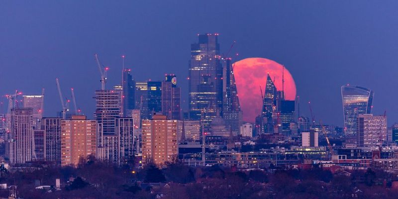 Луна розоватого оттенка среди небоскребов центрального Лондона; снято фотографом Джеймсом Бернсом.