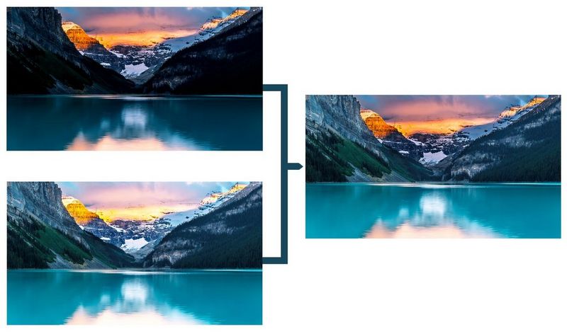 Диаграмма концепции датчика изображения Canon DGO — верхнее и нижнее усиление совмещаются для создания единого изображения HDR.