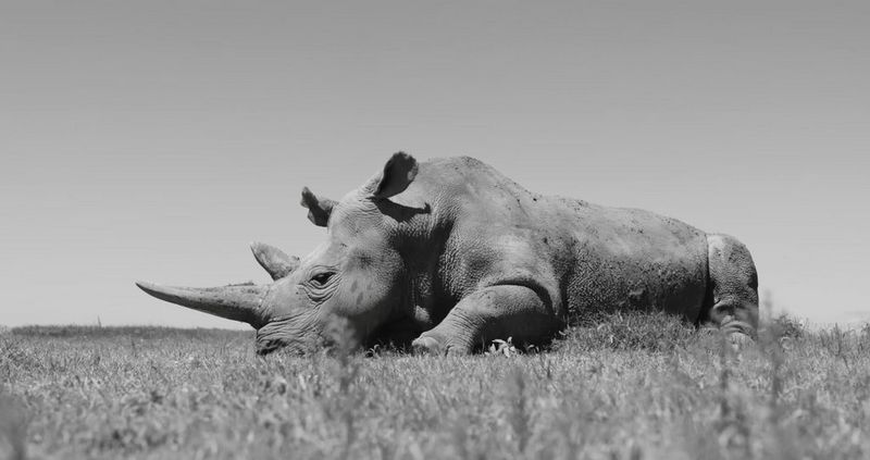 A northern white rhino lies on the grass in Ol Pejeta Conservancy in Kenya, filmed on a Canon EOS R5 by Paolo Pellegrin. 