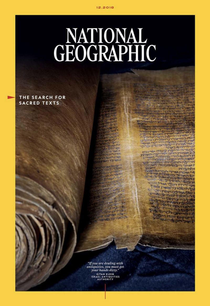 The cover of the English language National Geographic Magazine featuring Paolo Verzone's photo of an ancient Torah scroll. 