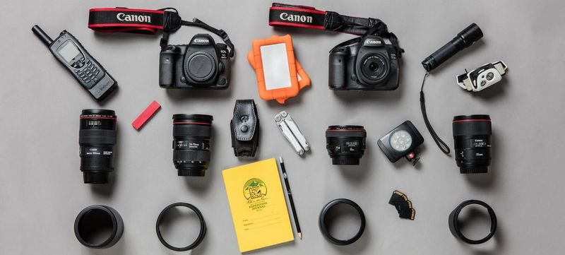 The contents of Paolo Verzone's photo kitbag, including a Canon EOS 5DS R.