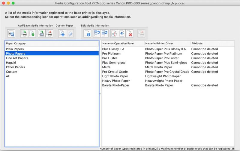 Een schermafbeelding van de Media Configuration Tool van Canon.