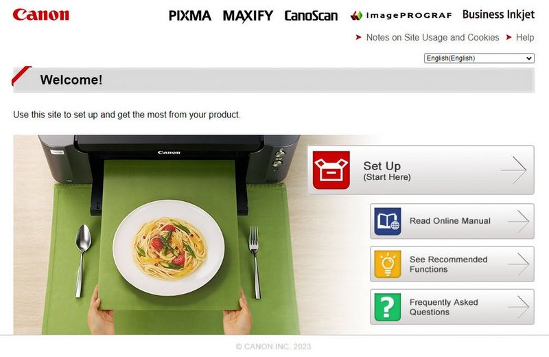 A screenshot of the Canon IJ Setup screen, showing an image of a print being removed from a printer alongside a number of options, with "Set Up (Start Here)" highlighted.