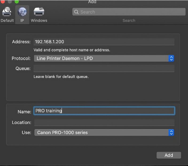 A screenshot showing a fixed IP address being assigned to a Canon printer.