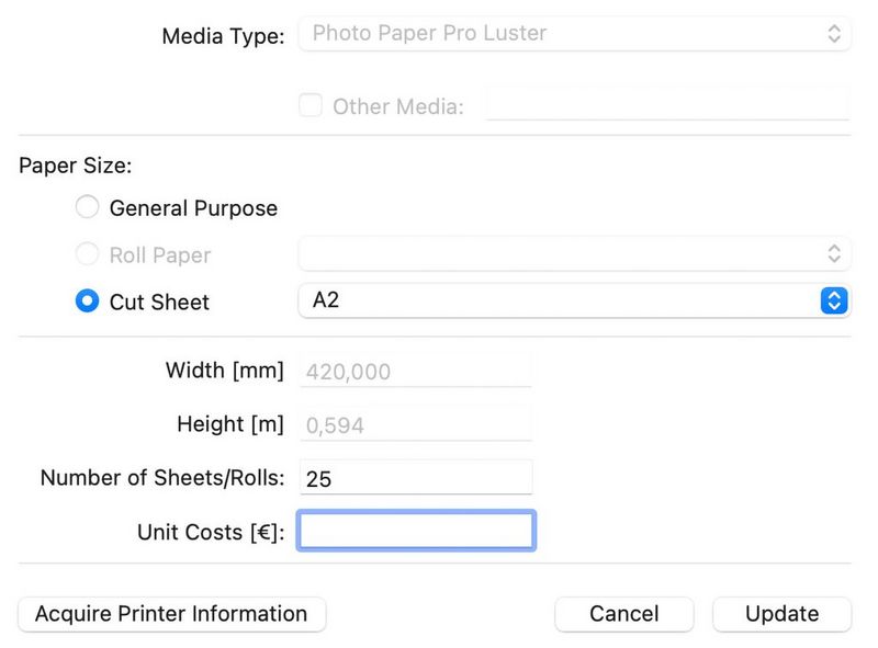 A screenshot of the Canon Accounting Manager program for the Canon imagePROGRAF PRO-1000, showing the paper size being input.