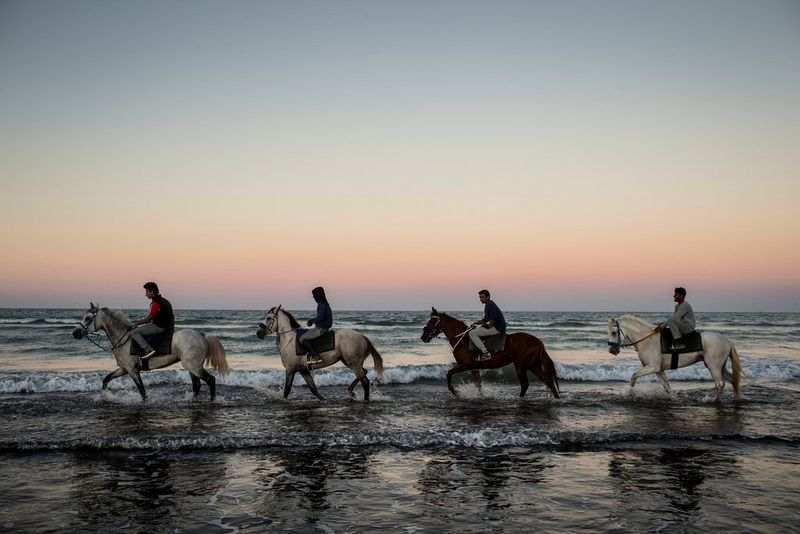 Four people riding horses through the shallow waves on a beach at sunset.