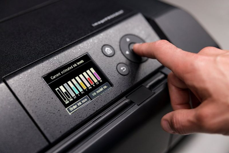 The settings screen on a Canon imagePROGRAF PRO-300 printer showing ink levels.