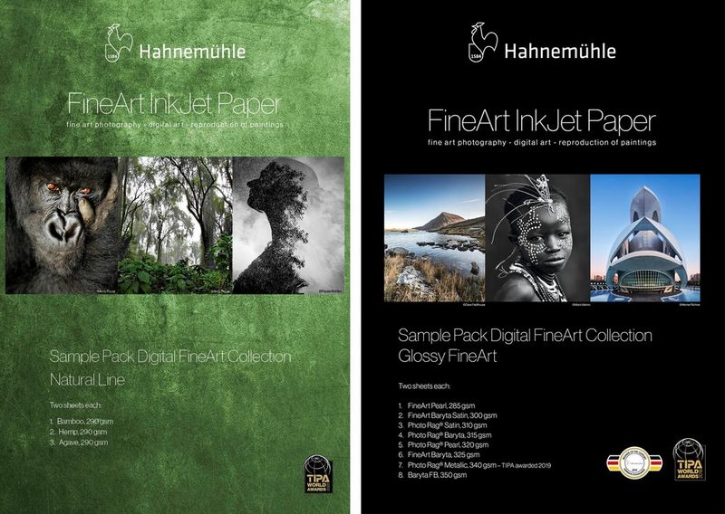 Two Hahnemühle sample packs containing Natural Line and Glossy FineArt papers.