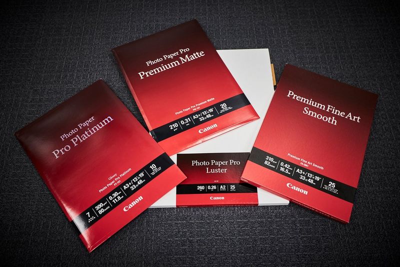 Een selectie van Canon Pro-fotopapier, waaronder Premium Matte, Pro Platinum en Fine Art Smooth.