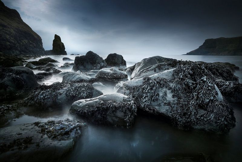 Mist rises over seaweed-covered rocks at Talisker Bay on the Isle of Skye.