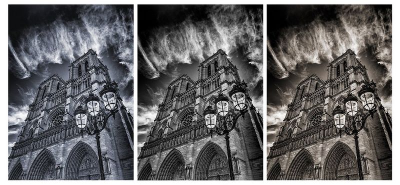 A monochrome image of the front of a large church depicted – left to right – in cool, neutral and warm tones. 