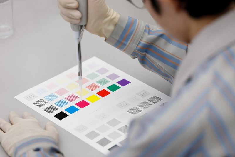  A technician holds a large pipette in one gloved hand above a sheet of paper with squares printed on it in different colours and grey tones. 