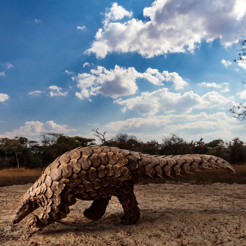 A rare pangolin walking along the ground with its tail outstretched.