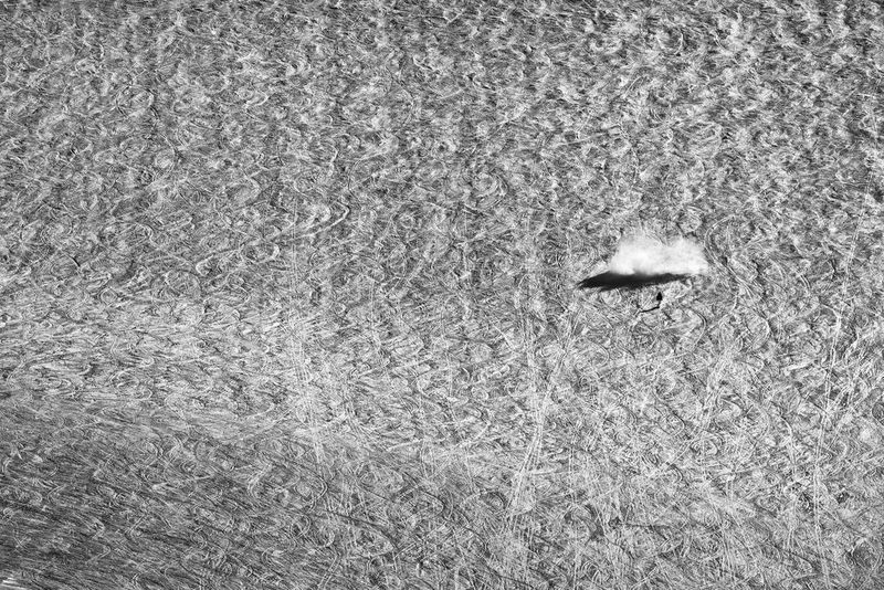 Een berghelling met talloze sporen die skiërs en snowboarders hebben achtergelaten. Een opname van een eenzame snowboarder die een wolk sneeuw doet opstuiven.