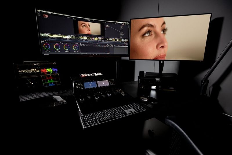 Computer screens and monitors set up for a video editing workflow.