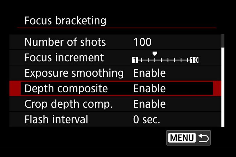 The Focus bracketing menu screen on the EOS R3, with the in-camera Depth composite option enabled.