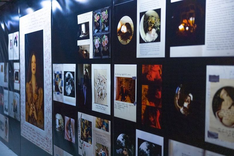 A selection of self-portraits and collages printed out and displayed on a large board. 