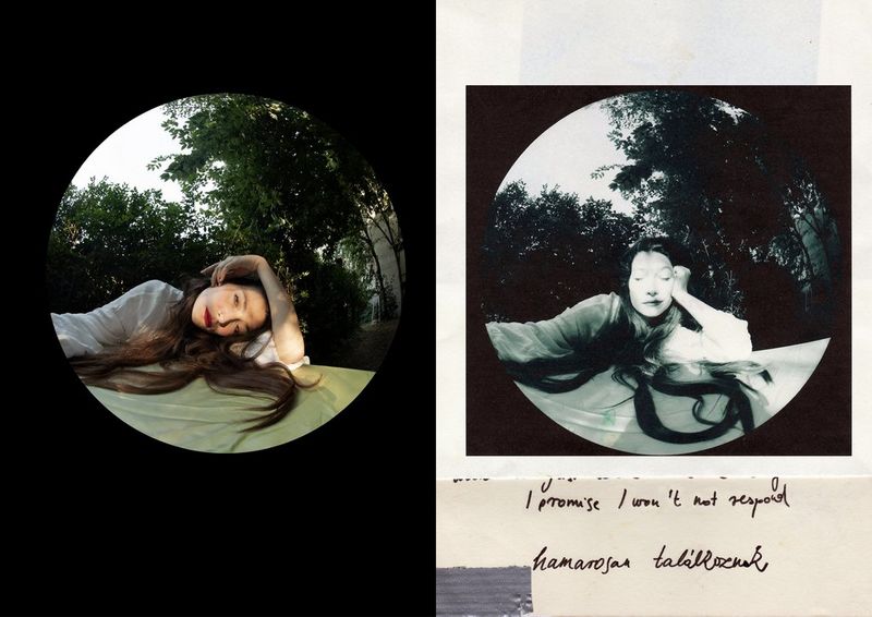 Two different photographs of Wanda Martin taken with a fisheye lens sit side by side. Beneath the image on the right is a handwritten note.