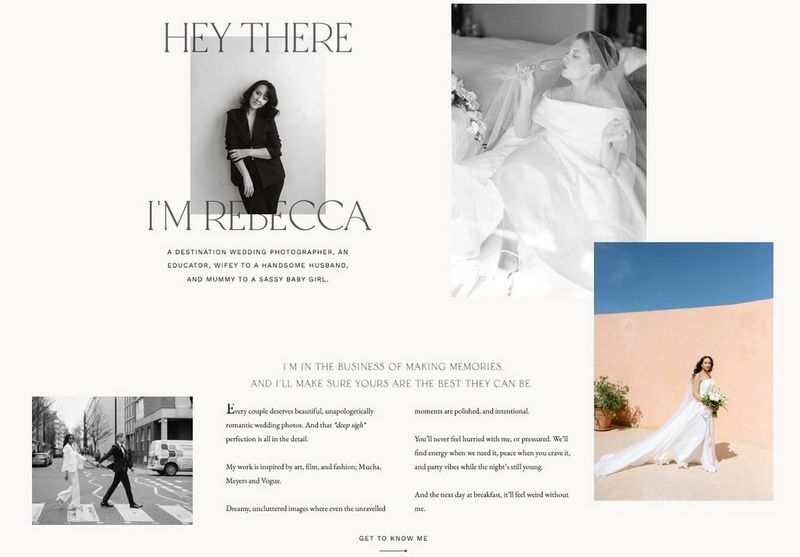 The biography page of wedding photographer and content creator Rebecca Carpenter’s wedding website.