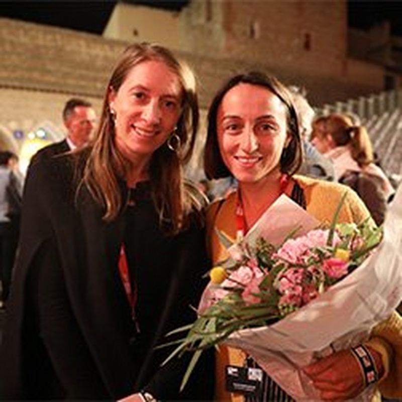 Canon Female Photojournalist Grant recipients Anush Babajanyan and Laura Morton at the 2019 Visa pour l'Image festival in Perpignan, France.